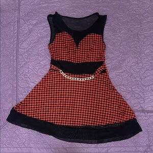 Black and Red Skater Dress with Gold Chain Detail